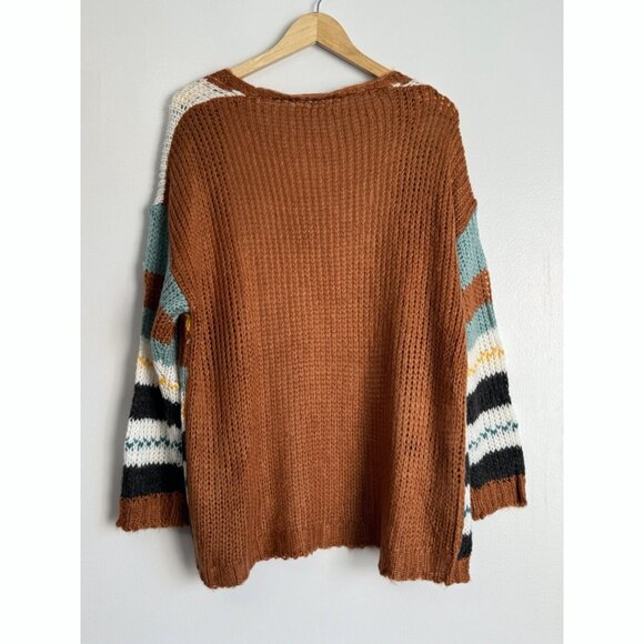 Boho Striped Open Front Knit Cardigan Sweater Women’s Size L Oversized Fall Cozy - Picture 7 of 8